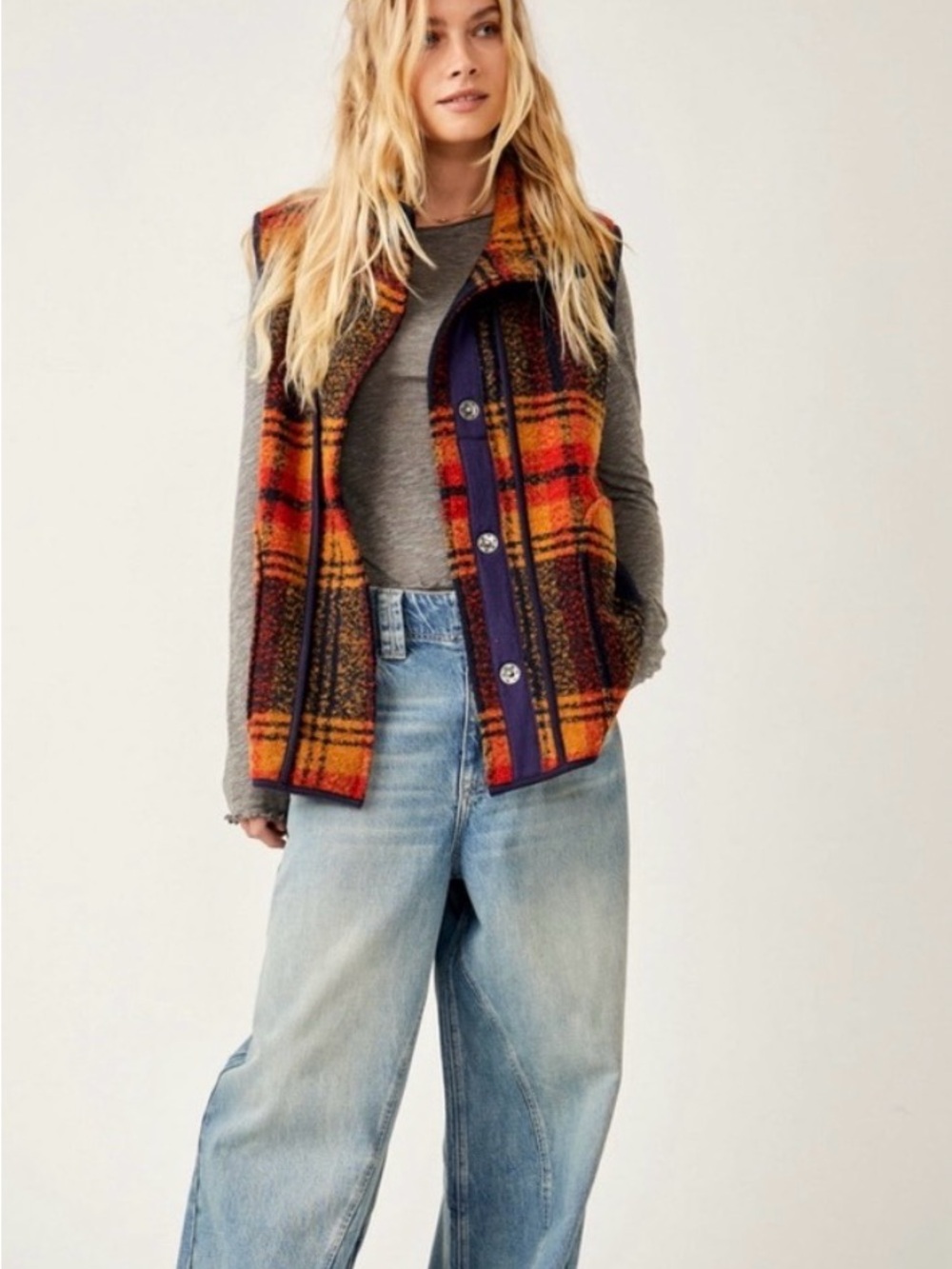 Free People Wrapped up Blanket Vest in Navy and Gold Small boho camping